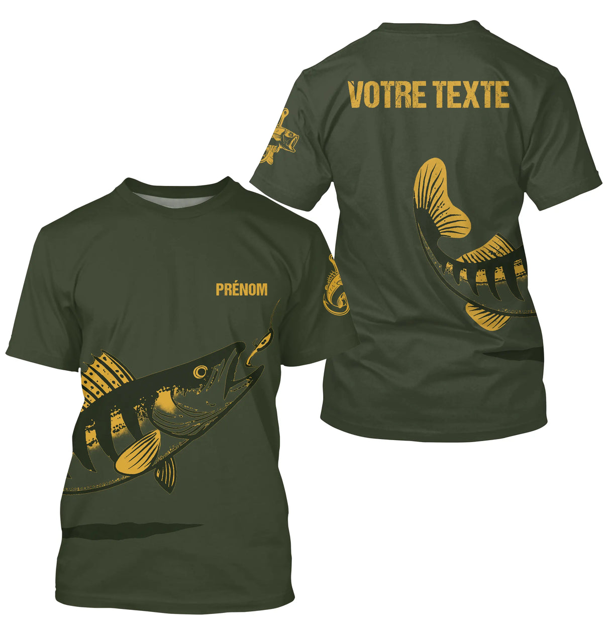 T-shirt pêche sandre personnalisé col rond vert kaki avec motif sandre stylisé et marquage prénom personnalisé