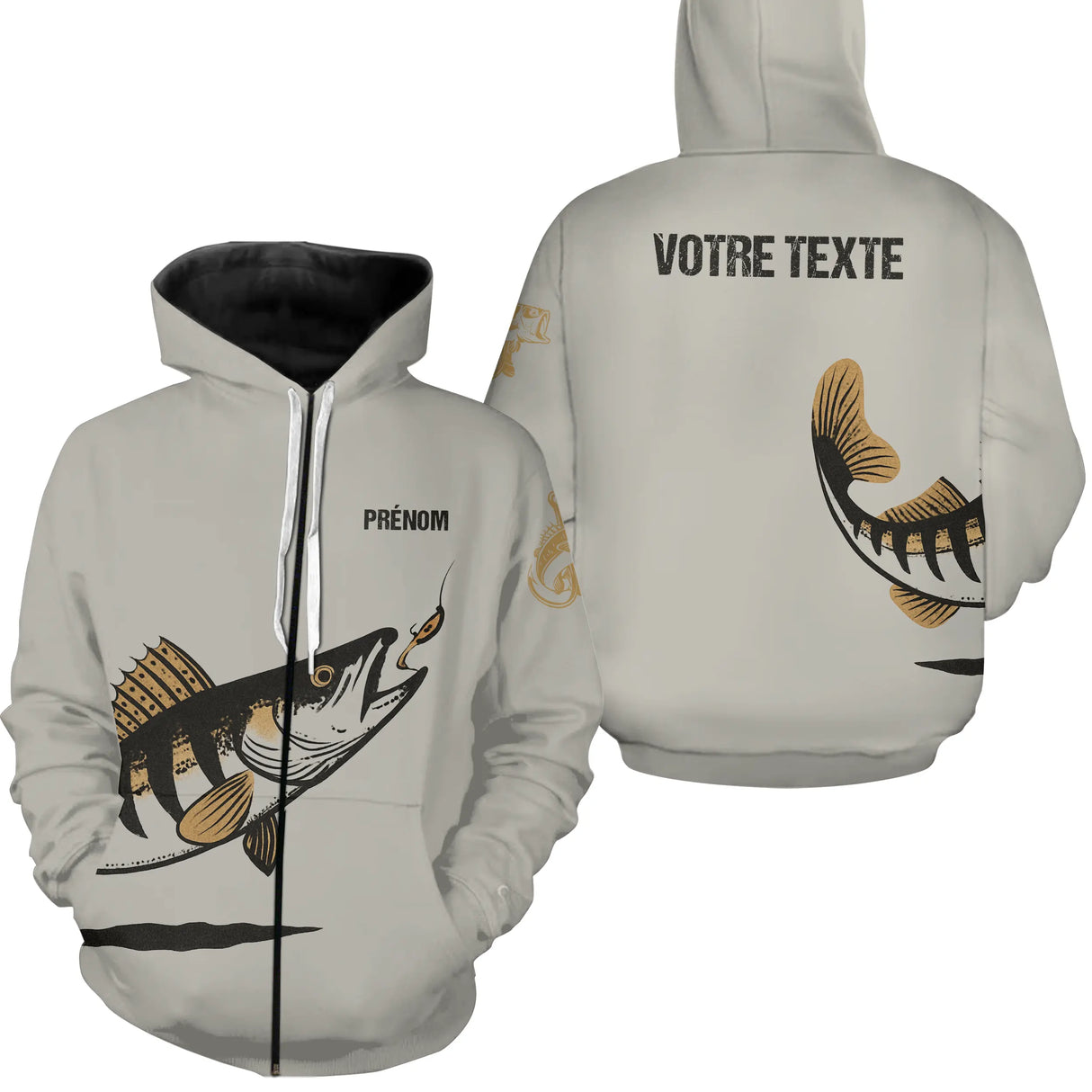 Sweat zippé pêche sandre blanc avec motif sandre stylisé all-over et prénom personnalisable pour pêcheur