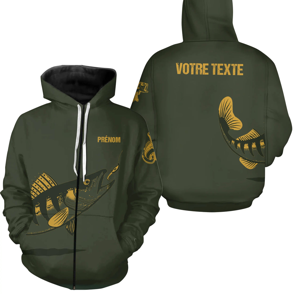 Sweat zippé pêche sandre vert kaki avec motif sandre brun-noir all-over et marquage prénom personnalisé
