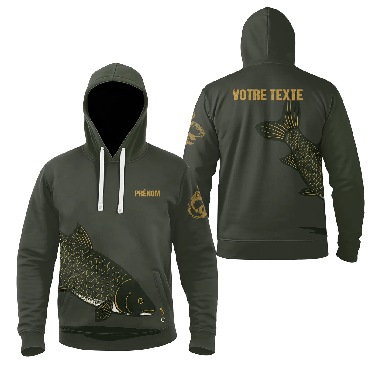 Sweat à capuche poches zippées pêche carpe vert kaki avec motif carpe all-over et prénom personnalisé