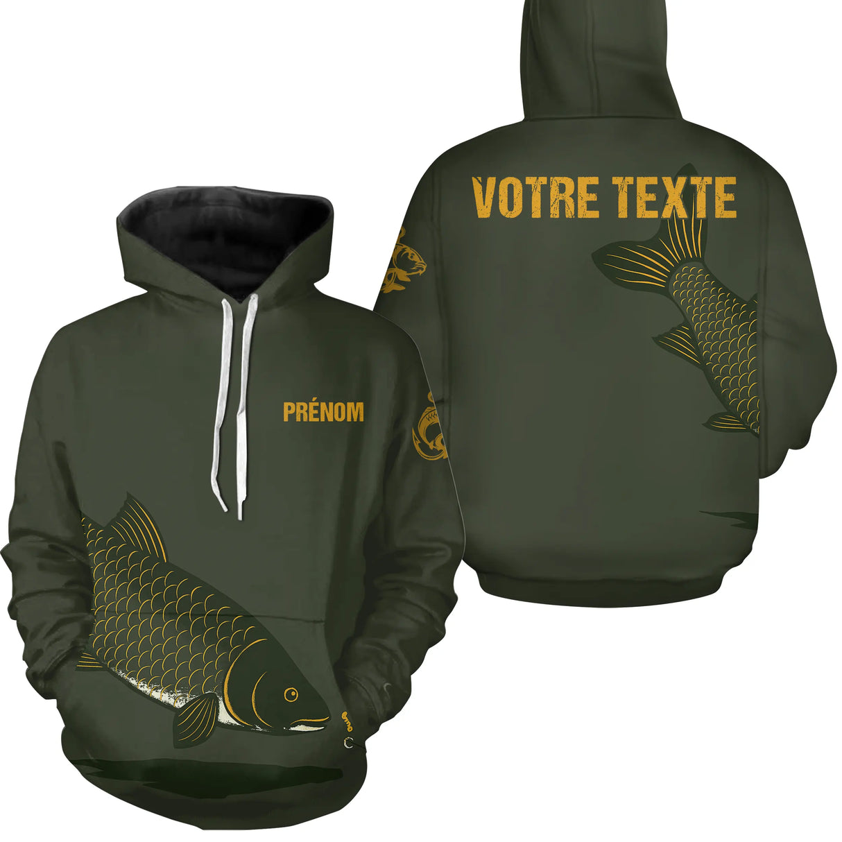 Sweat à capuche poche kangourou pêche carpe vert kaki avec motif carpe doré, prénom et texte au dos