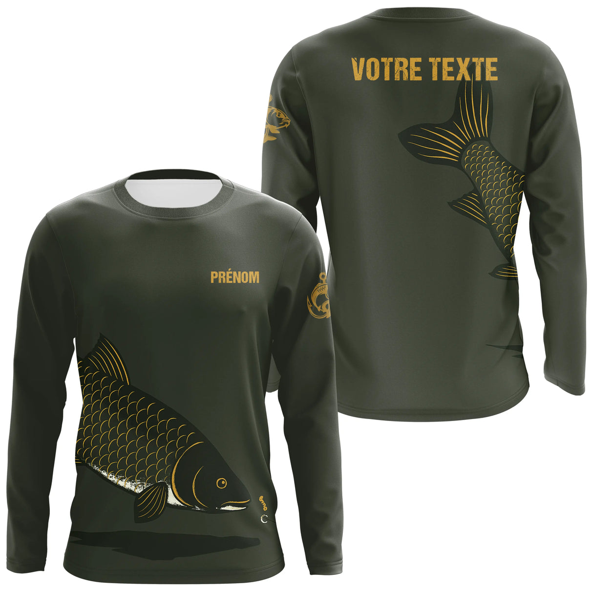 T-shirt manches longues pêche carpe vert kaki avec motif carpe doré, prénom et texte personnalisable au dos