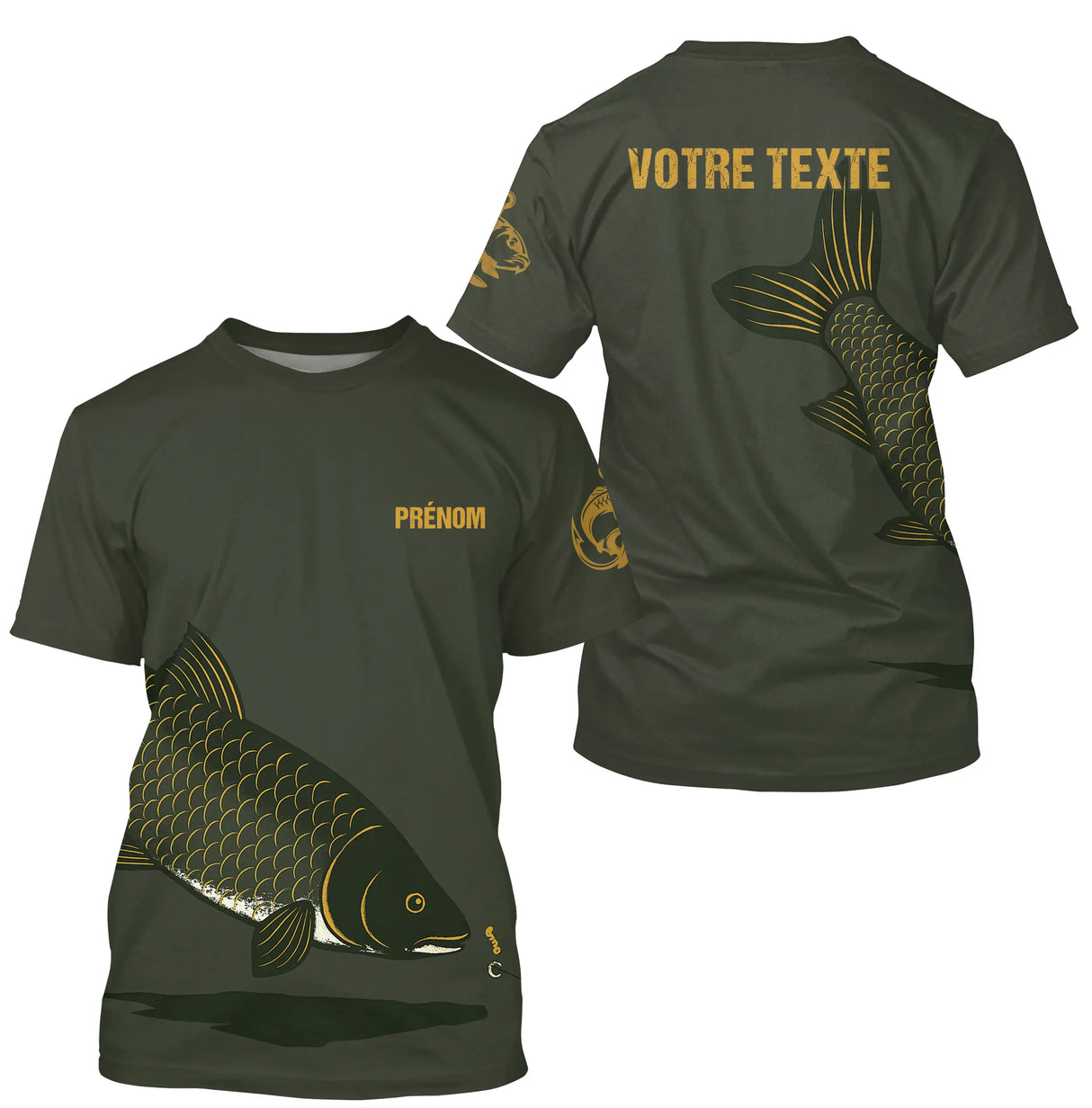 T-shirt pêche carpe personnalisé col rond vert kaki avec motif carpe aux écailles dorées et prénom sur la poitrine