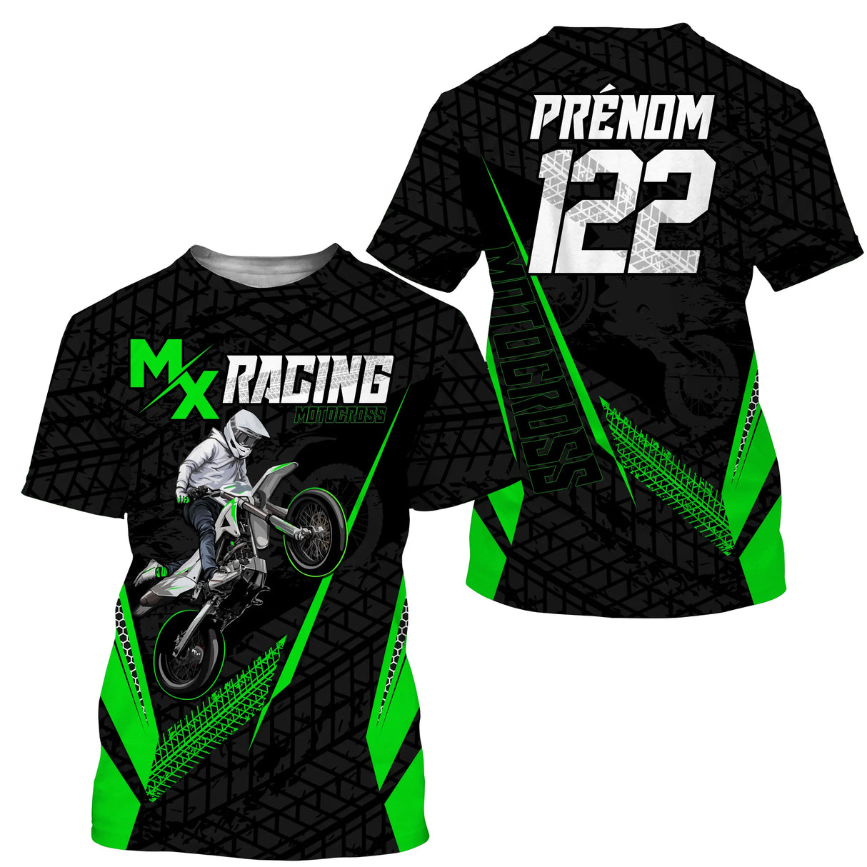 Maillot motocross MX Racing vert fluo avec motard en action et prénom numéro 122 imprimés, rayures vertes