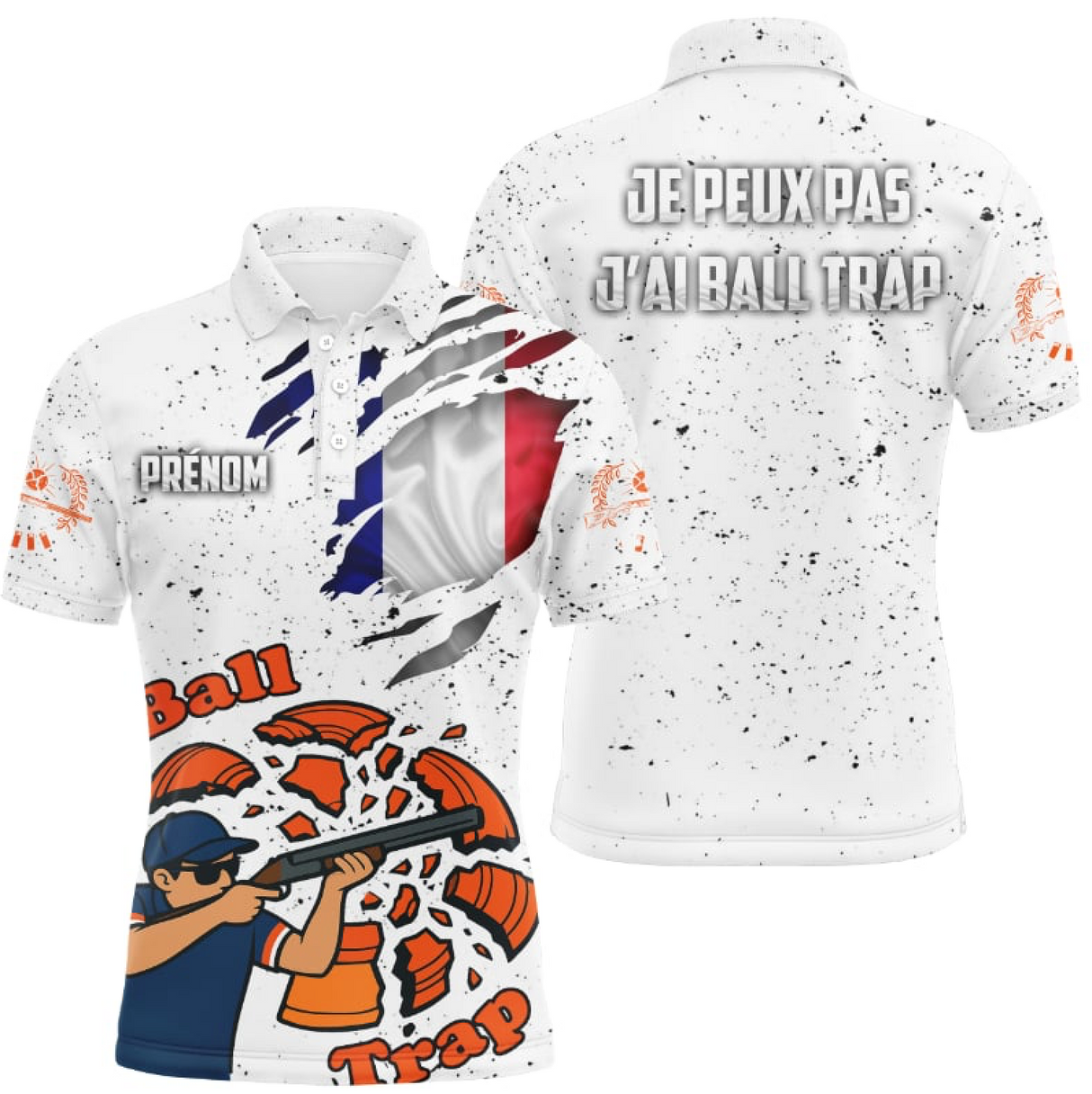 Polo ball-trap personnalisé blanc avec drapeau France tricolore déchiré et silhouette tireur orange et bleu