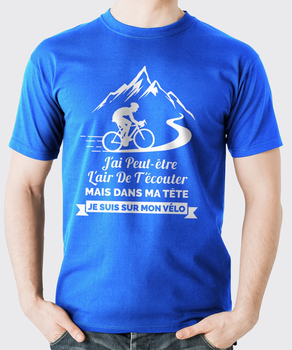 T-shirt cyclisme homme bleu clair illustration cycliste blanc montée col message Dans ma tête sur mon vélo