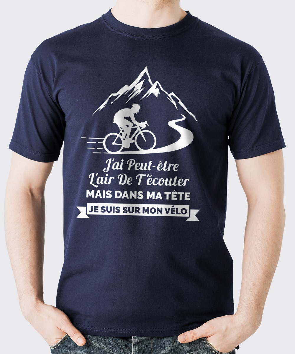 T-shirt cyclisme homme marine illustration cycliste blanc dans col montagne citation humour vélo cyclotouriste