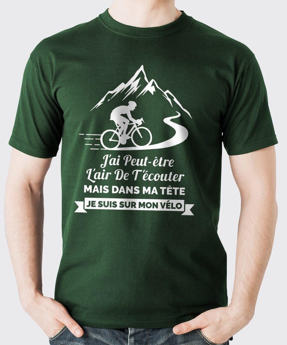 T-shirt cyclisme homme vert motif cycliste blanc col montagne citation humour cadeau passionné petite reine