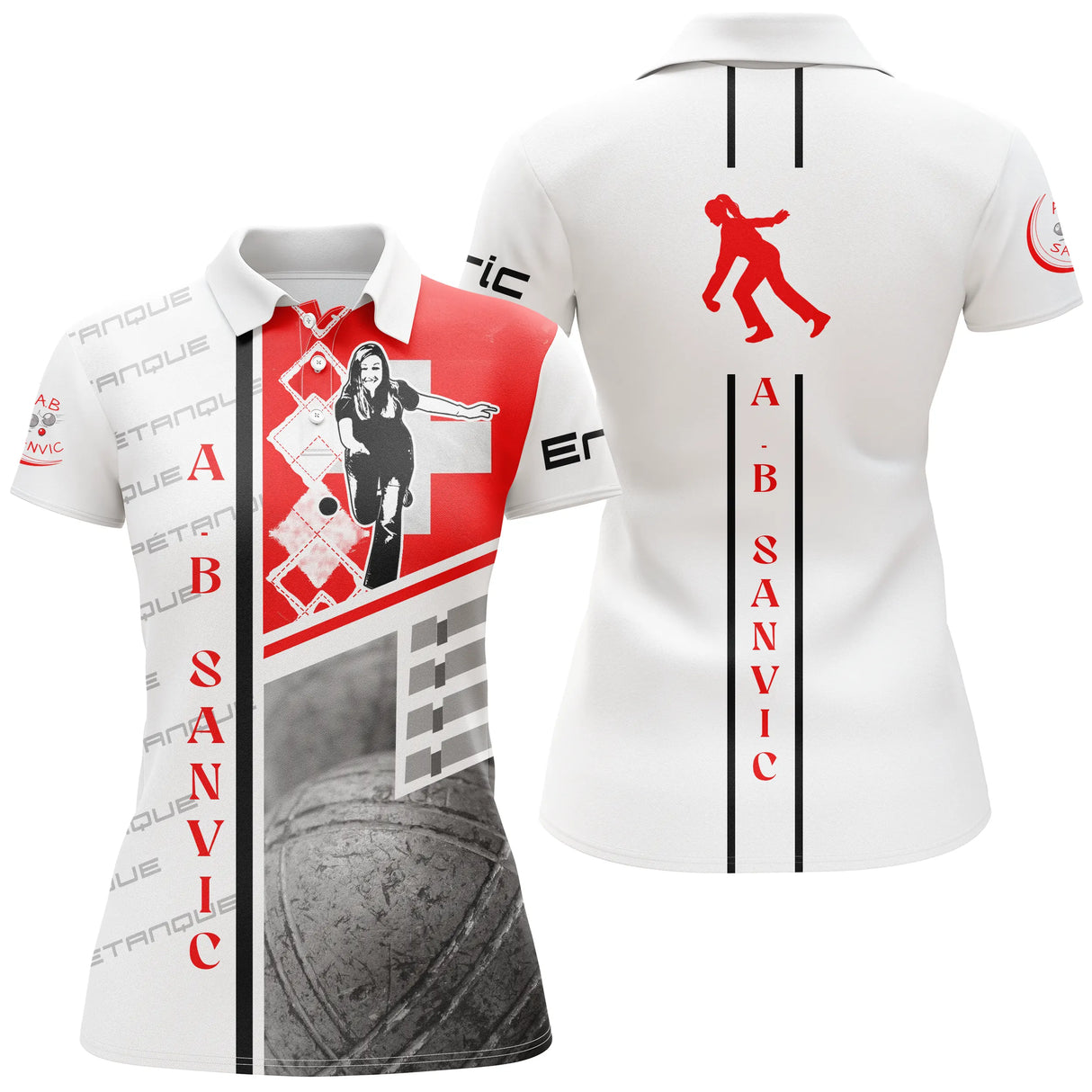 Polo pétanque A.B Sanvic blanc rouge vue alternative, design boules damier et lettrage équipe