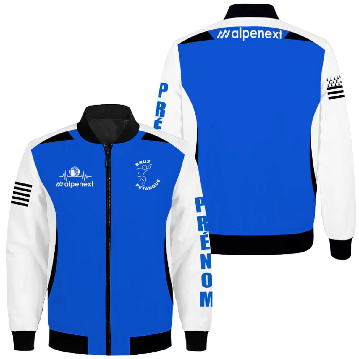 Blouson pétanque personnalisé bleu vif et blanc, veste zippée avec logo club Bruz Pétanque et drapeau France sur la manche