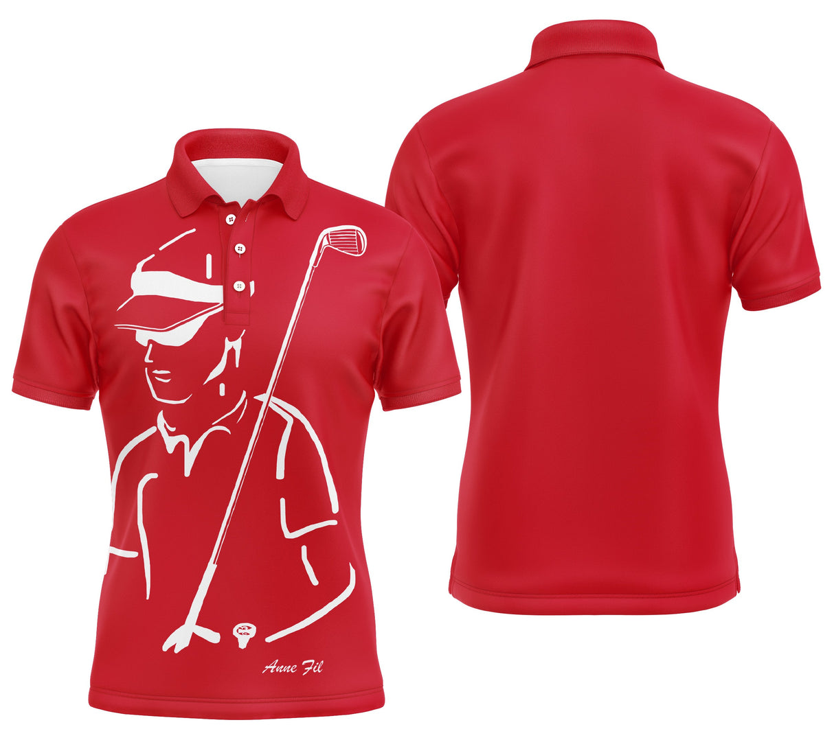 Polo golf homme noir silhouette golfeur swing devant prénom manche personnalisé