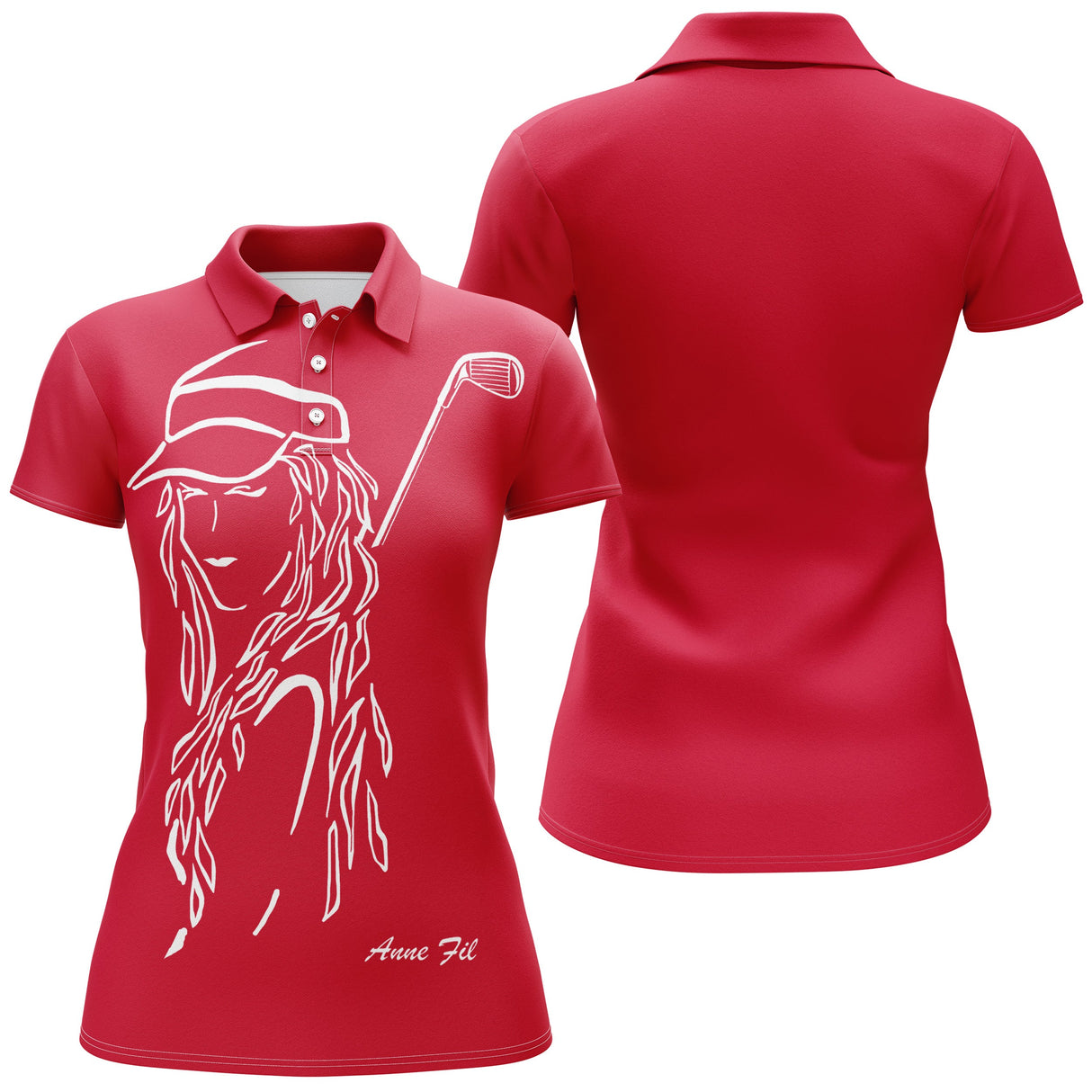 Polo manches longues femme vert silhouette golfeuse swing devant prénom personnalisé