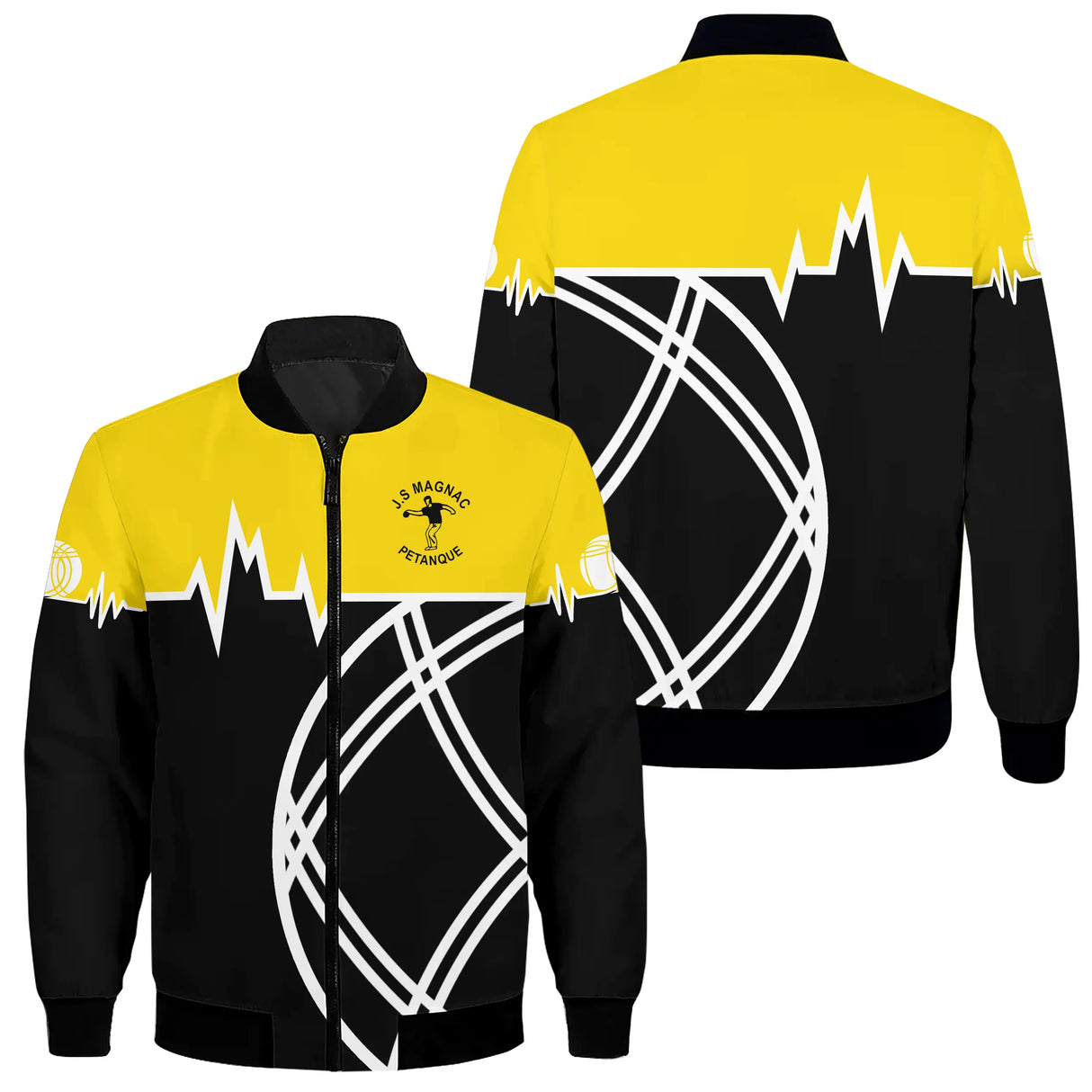 Veste pétanque assortie zippée jaune et noir avec courbes blanches, tenue club personnalisée pour association sportive