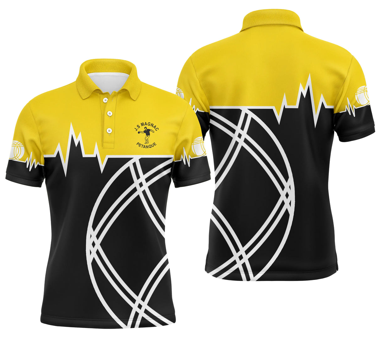 Polo / Veste pétanque personnalisable noir jaune – logo & prénom