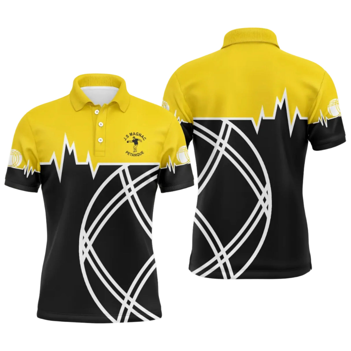 Polo pétanque personnalisé homme jaune et noir avec courbes blanches stylisées, logo club J.S Magnac Pétanque sur la poitrine