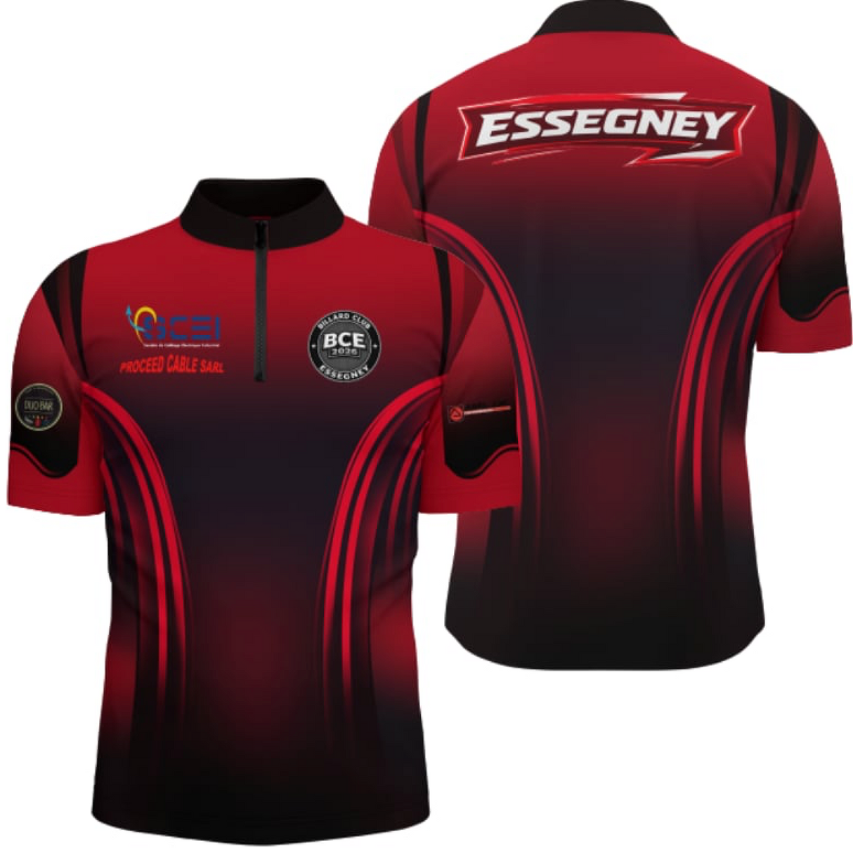 Polo zippé personnalisé homme rouge et noir dégradé avec logos club BCE Essegney et sponsors, col montant 1/4 zip