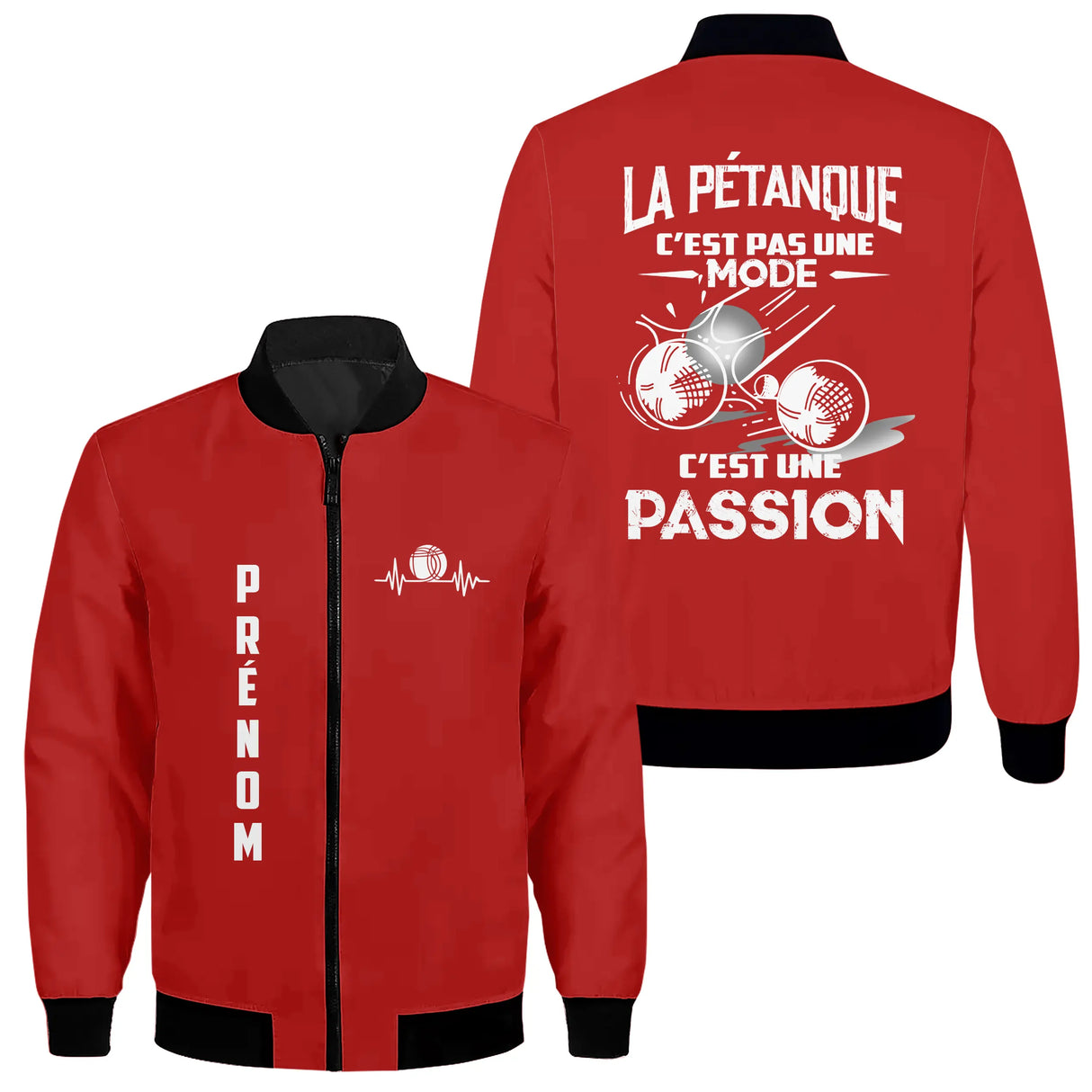 Veste bomber pétanque variante avec inscription passion bouliste, prénom personnalisé