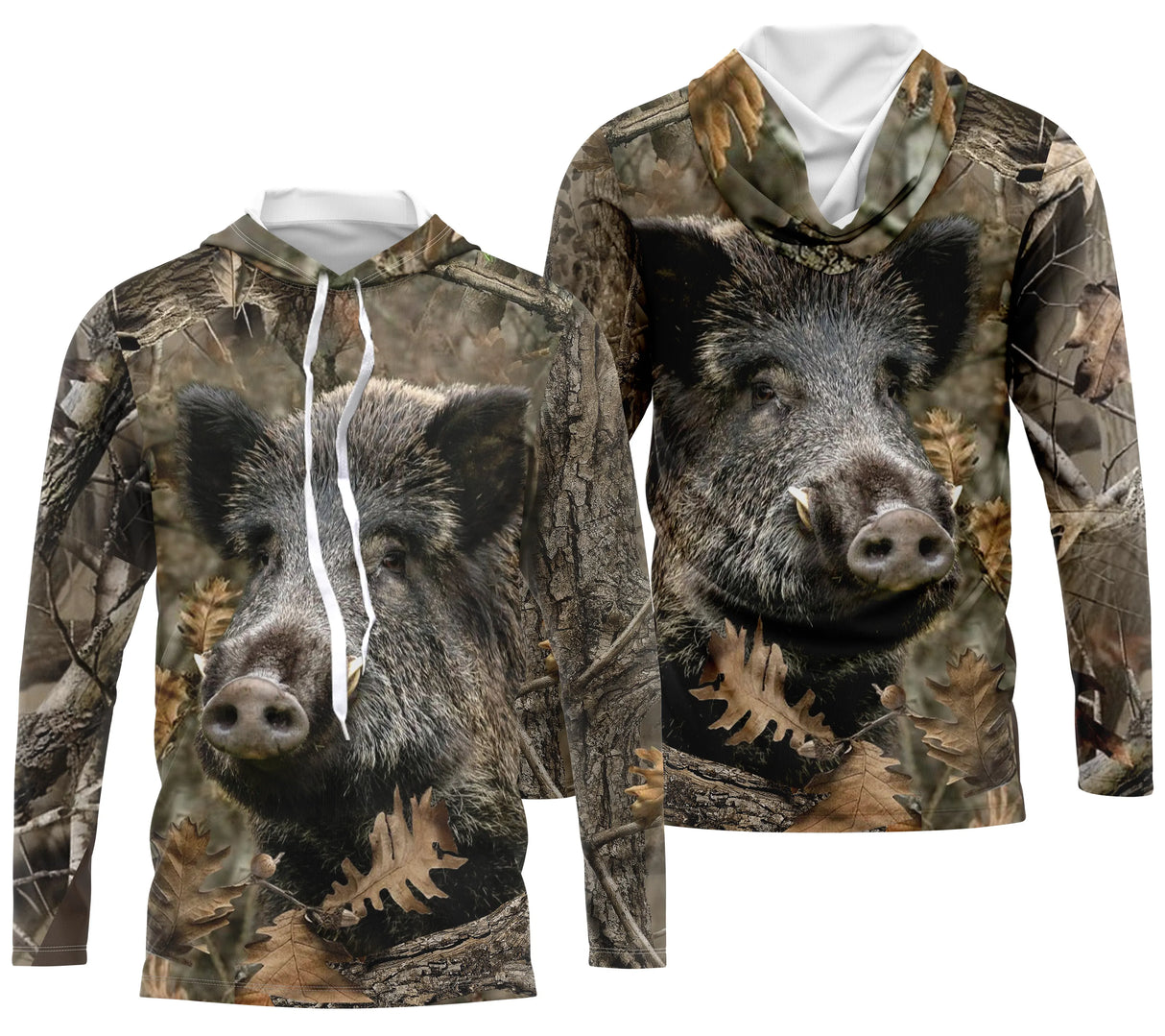 Sweat capuche camouflage chasse sanglier feuilles mortes motif sanglier hyperréaliste all-over chasseur forêt