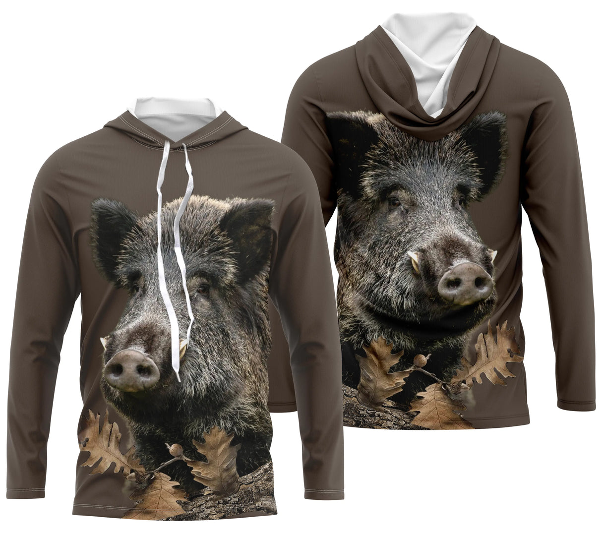 Sweat à capuche chasseur sanglier marron réaliste motif animal forêt vue côté