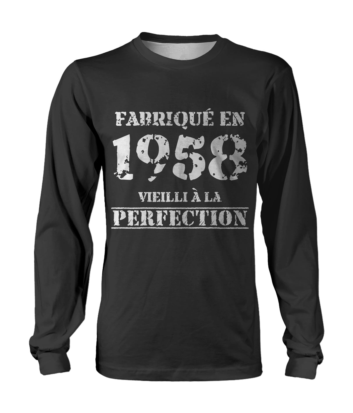 T-shirt manches longues gris anthracite anniversaire 1958 lettrage blanc usé Vieilli à la perfection