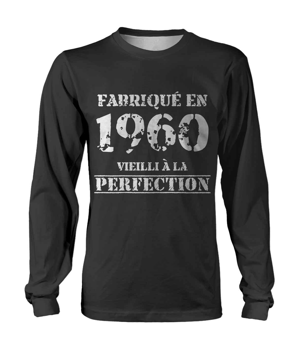T-shirt manches longues gris anthracite anniversaire 1960 lettrage blanc usé Vieilli à la perfection