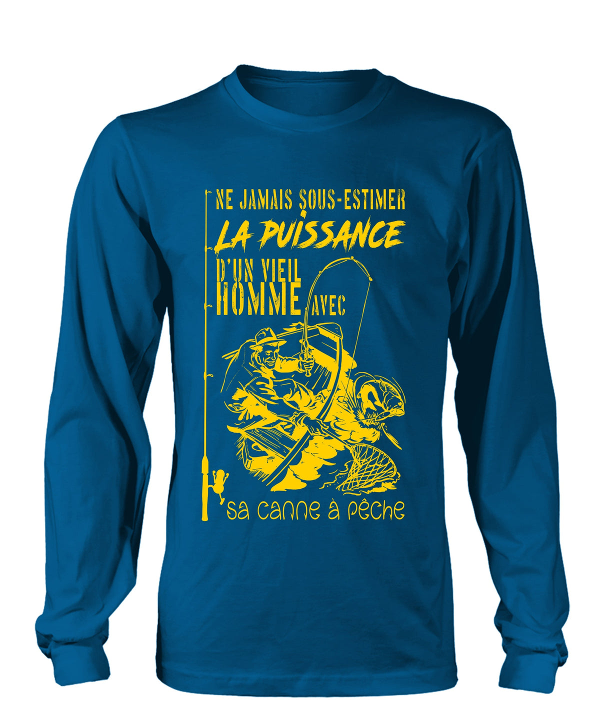 Sweat à capuche humour vieil pêcheur lettrage jaune silhouette pêcheur senior fond noir