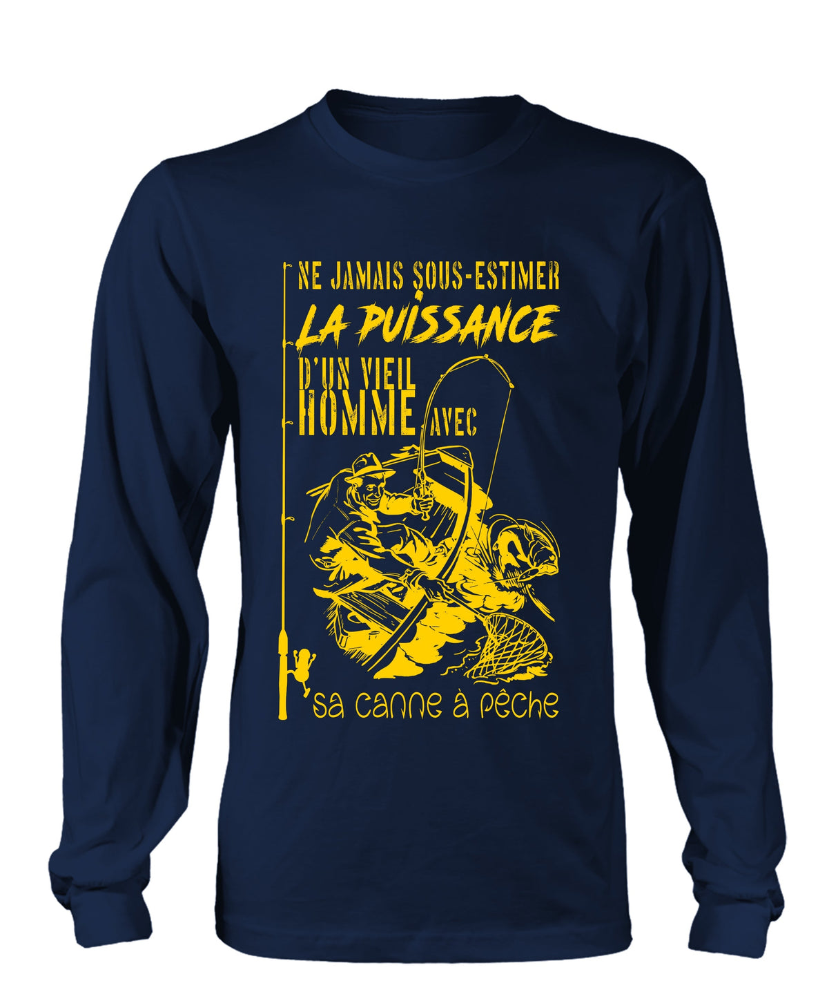 Débardeur humour vieil pêcheur lettrage jaune silhouette pêcheur senior fond noir