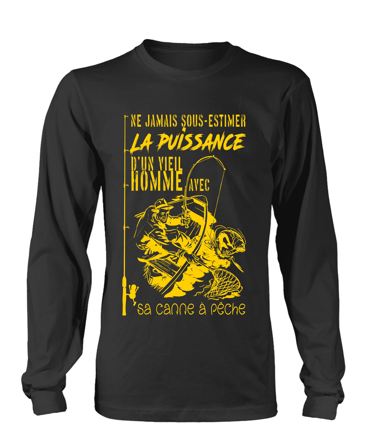 T-shirt manches longues humour vieil pêcheur lettrage jaune silhouette pêcheur senior fond noir