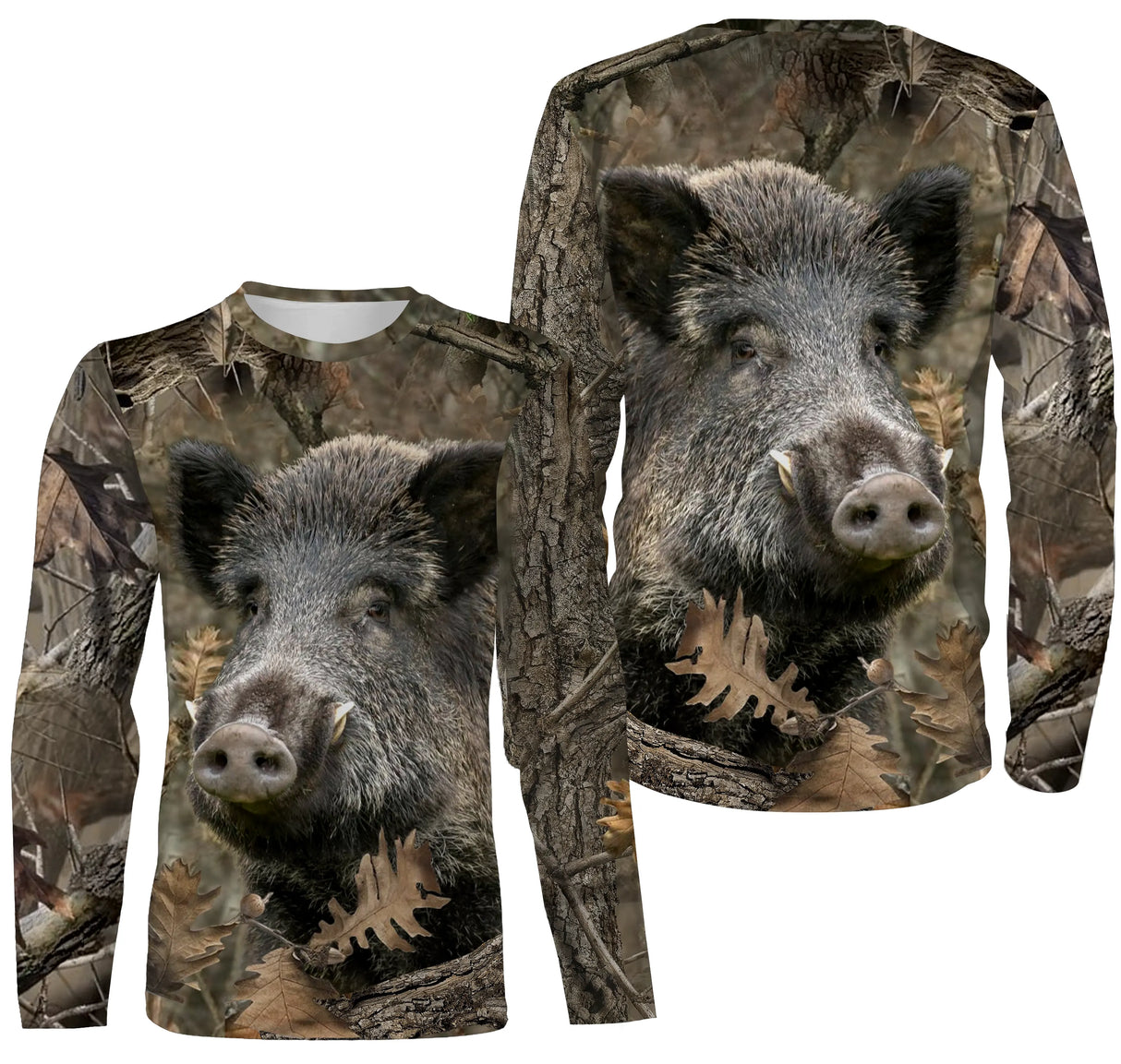 T-shirt manches longues camouflage chasse sanglier feuilles mortes motif sanglier all-over tenue chasseur battue