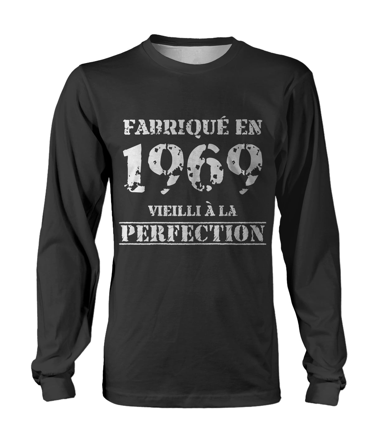 T-shirt manches longues gris anthracite anniversaire 1969 lettrage blanc usé Vieilli à la perfection