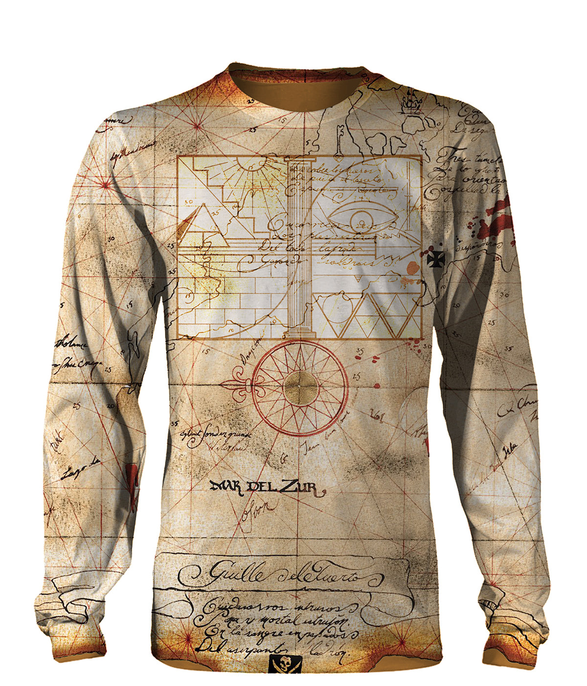 T-shirt manches longues all-over carte au trésor pirates parchemin sépia compas symboles flibuste