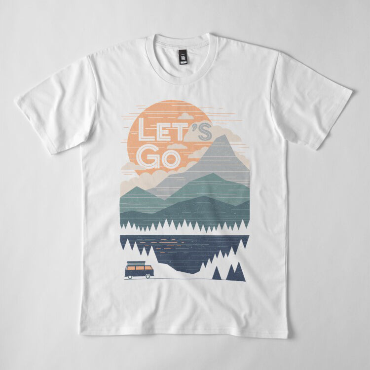 T-shirt randonnée homme blanc motif vintage Let's Go paysage montagnes sommets et van aventurier