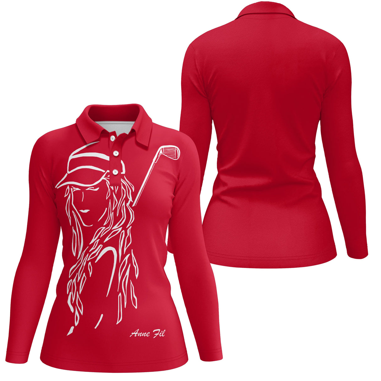 Polo manches longues femme rouge silhouette golfeuse swing devant prénom personnalisé