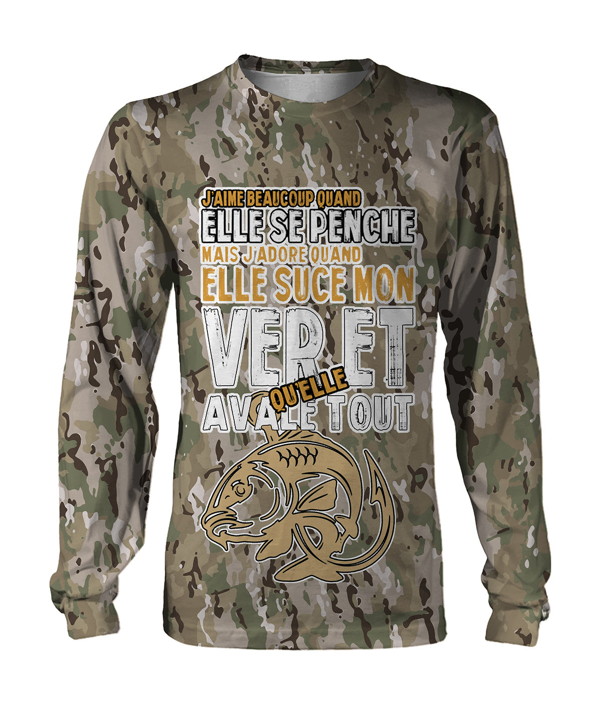 T-shirt manches longues camouflage humour pêche carpe motif carpe stylisée texte humour grand format, vue de face
