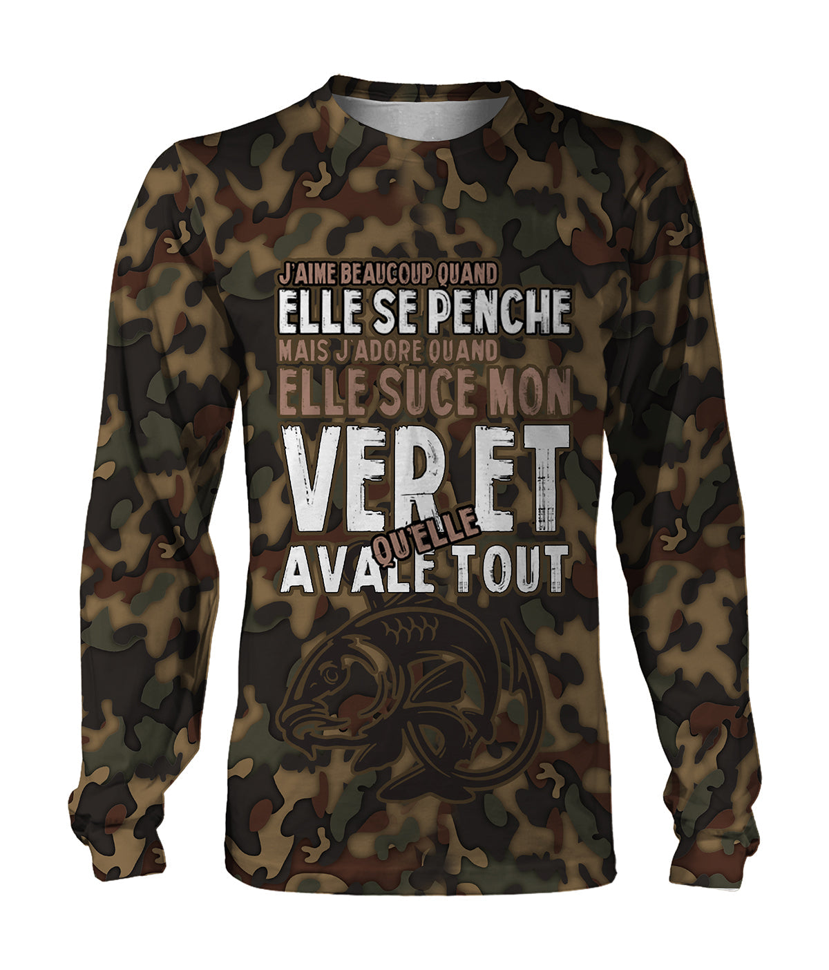 T-shirt camouflage marron pêche carpe humour potache motif carpe stylisée