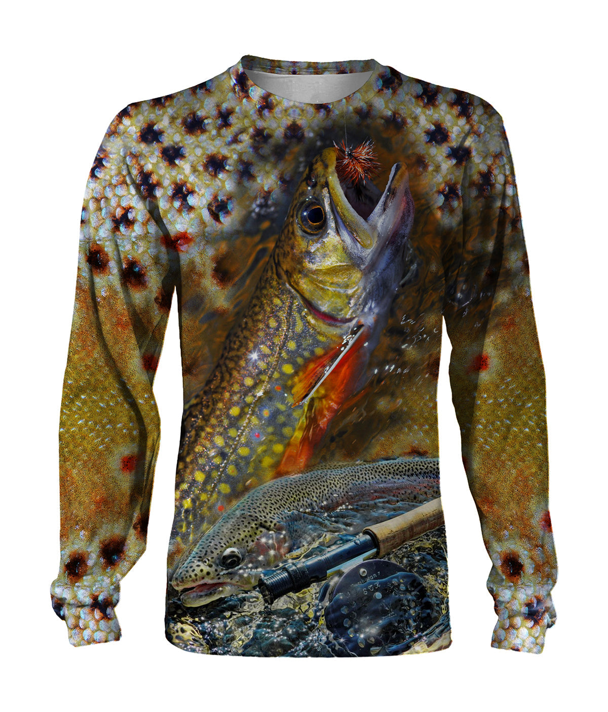 T-shirt manches longues all-over peau truite arc-en-ciel mouches artificielles salmonidé