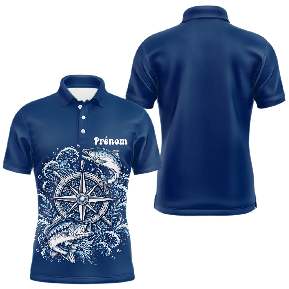 Maillot Cadeau Pêcheur Bleu Marine Personnalisé Boussole - Polo Homme