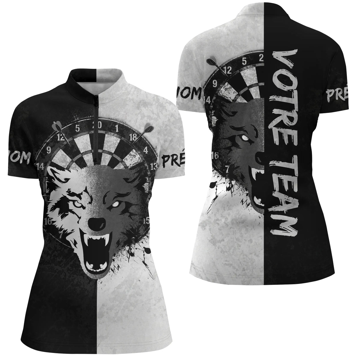Maillot Fléchettes Loup - Design Blanc & Noir Personnalisé - Polo Zippé Femme