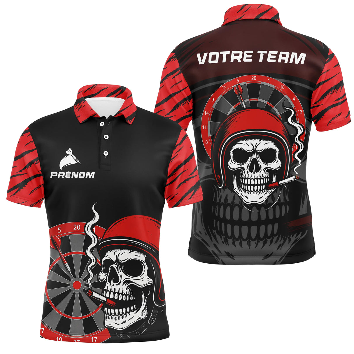 Maillot Fléchettes Motard Tête de Mort - Noir & Rouge Personnalisé - Polo Homme