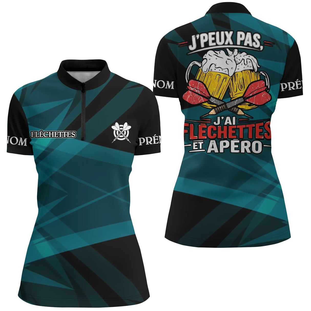 Maillot Fléchettes Personnalisé - Apéro Noir & Bleu Canard - Polo Zippé Femme
