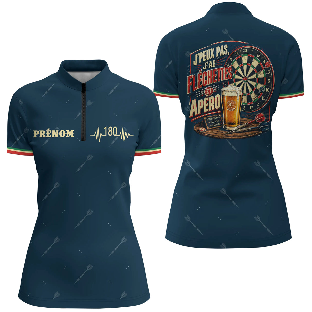 Maillot Fléchettes Personnalisé - Bleu Marine Apéro - Polo Zippé Femme