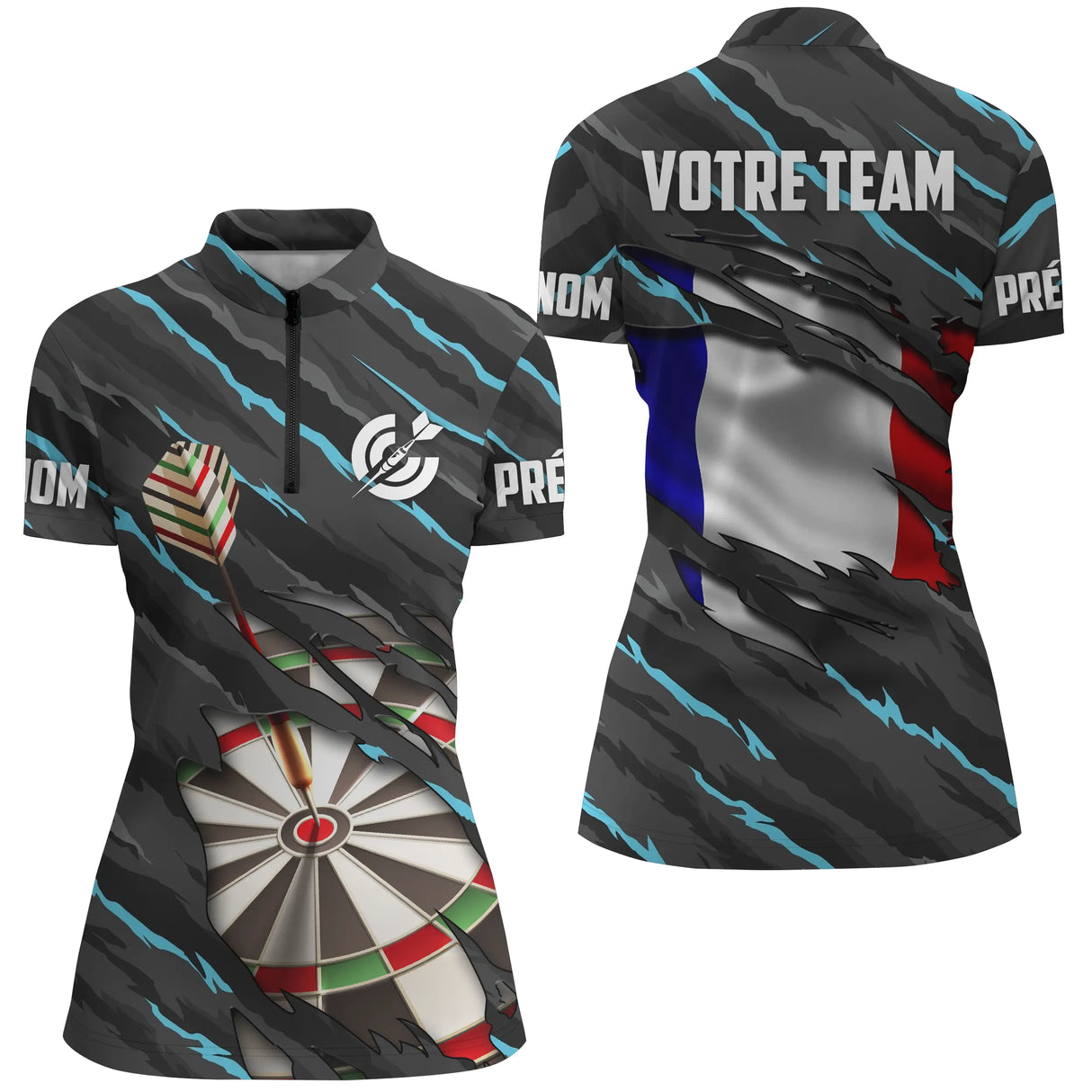 Maillot Fléchettes Personnalisé - Camo Drapeau Français - Polo Zippé Femme