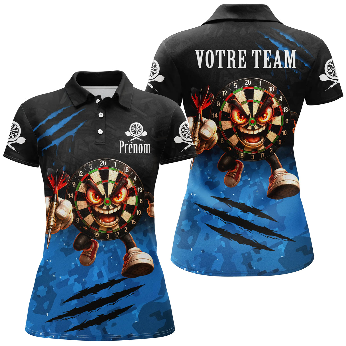 Maillot Fléchettes Personnalisé - Noir & Blue Équipe Darts - Polo Femme