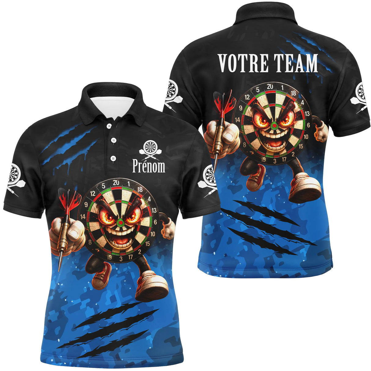 Maillot Fléchettes Personnalisé - Noir & Blue Équipe Darts - Polo Homme