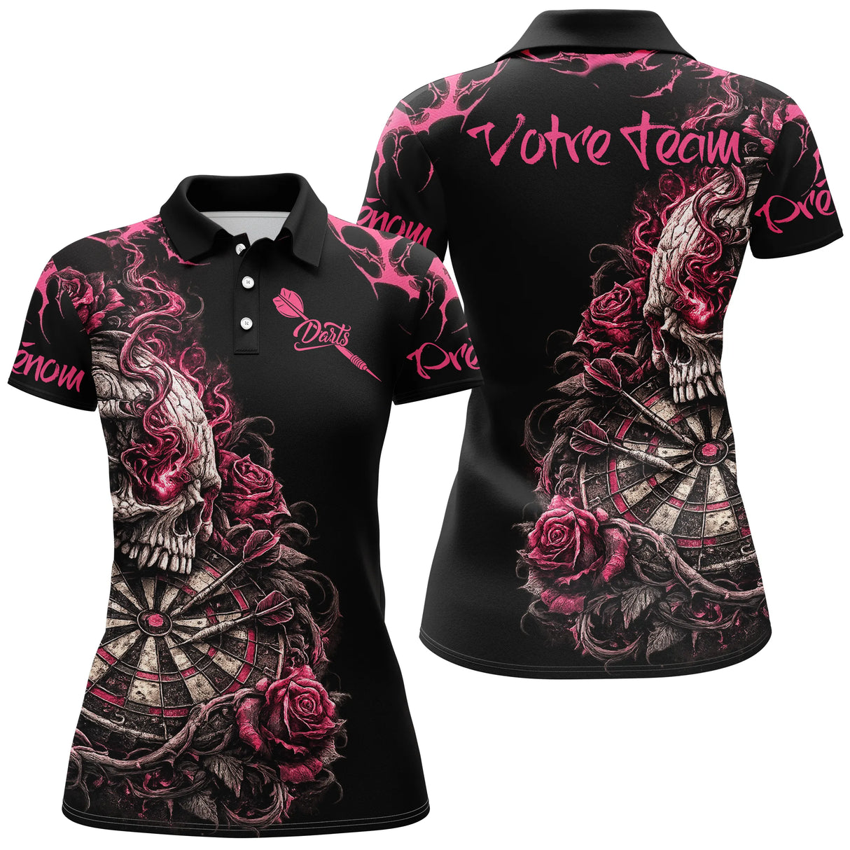 Maillot Fléchettes Personnalisé - Tête de Mort & Roses - Polo Femme
