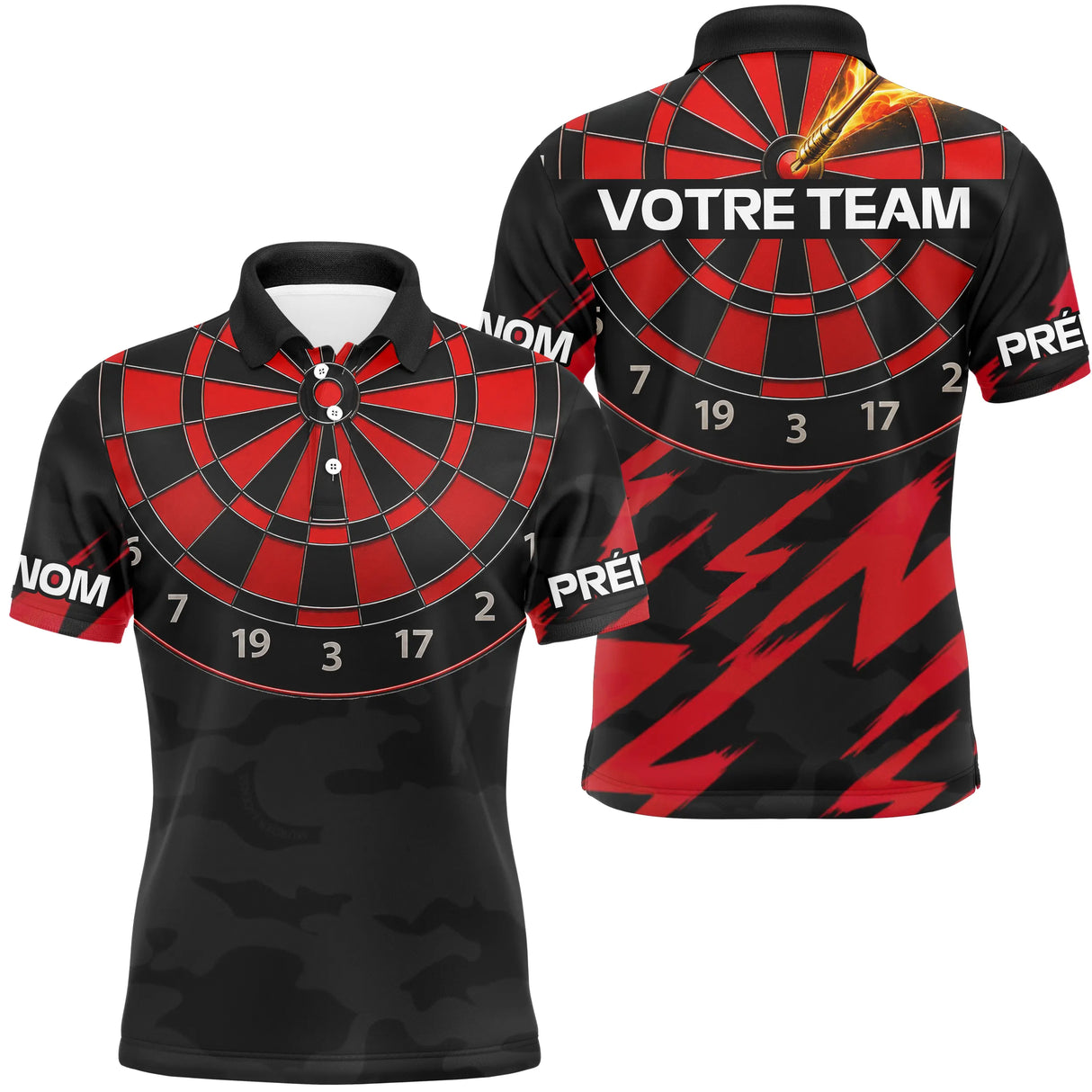 Maillot Fléchettes Personnalisé - Éclair Noir et Rouge - Polo Homme