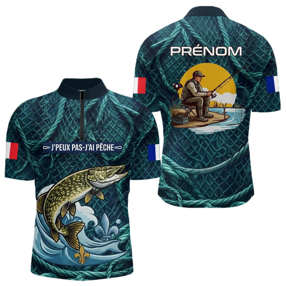 Maillot J'peux Pas J'ai Pêche Personnalisé - Brochet Bleu - Polo Zippé Homme