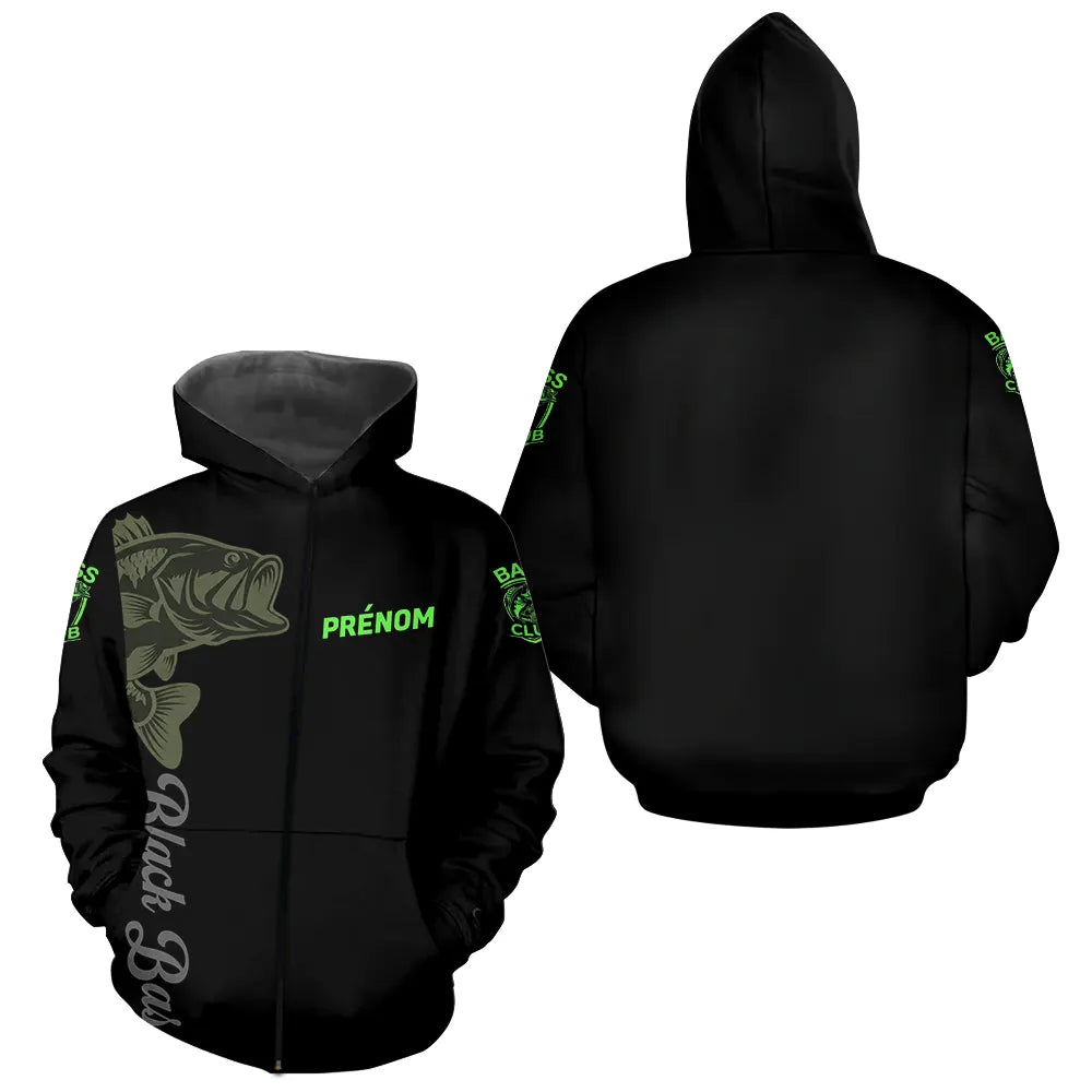 Maillot Pêche Black Bass Vert Fluo Homme Personnalisé - Zippe Hoodie Homme