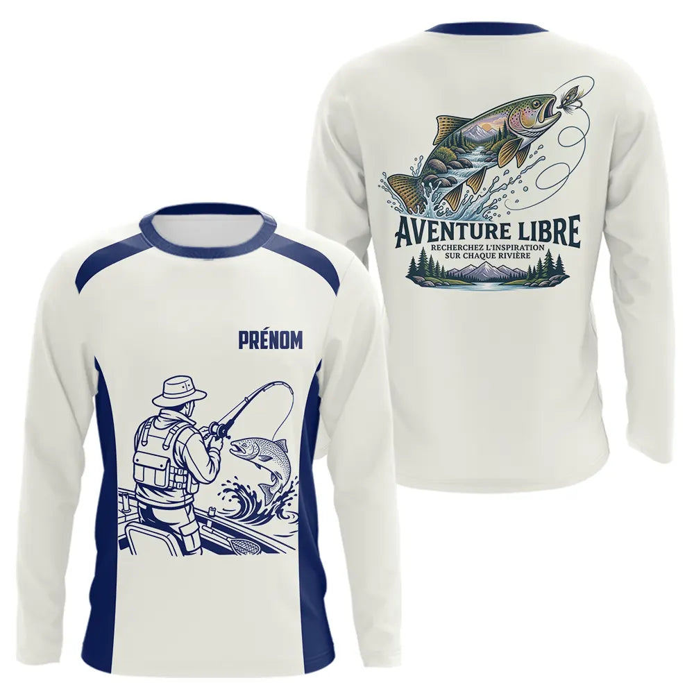 Maillot Pêche Bleu & Crème Truite - Aventure Rivière Personnalisé - Long Sleeves Homme