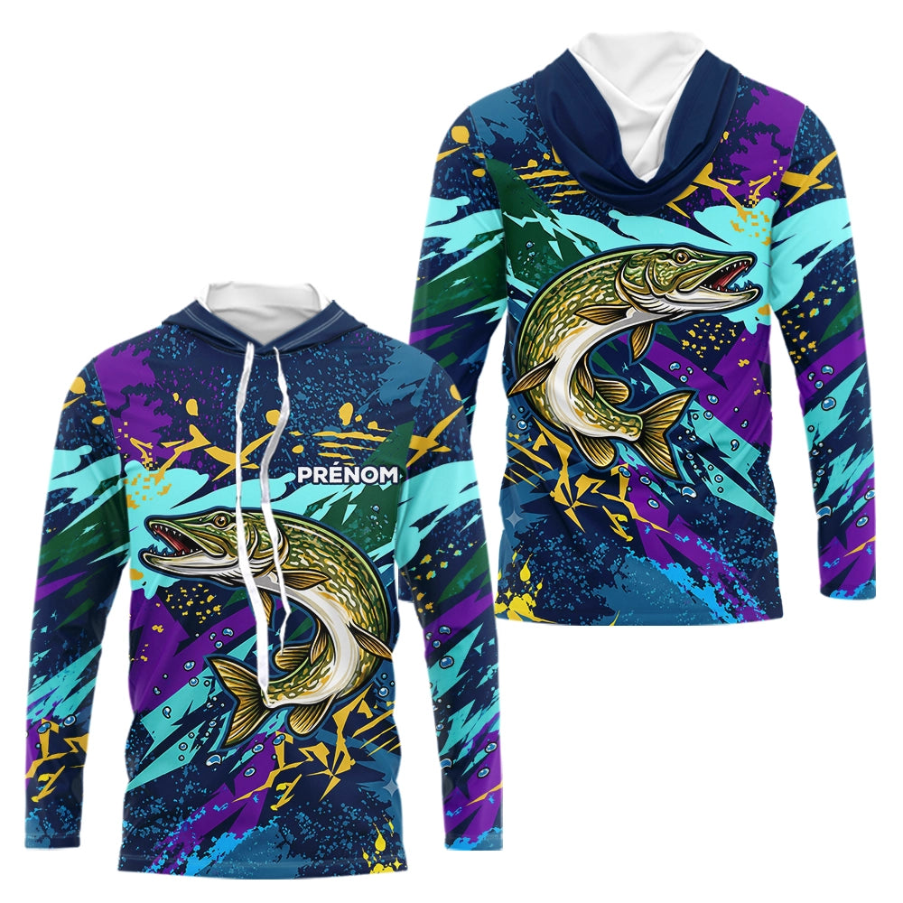 Maillot Pêche Brochet - Camo Violet & Bleu Personnalisé - Long Sleeves Hoodie Homme